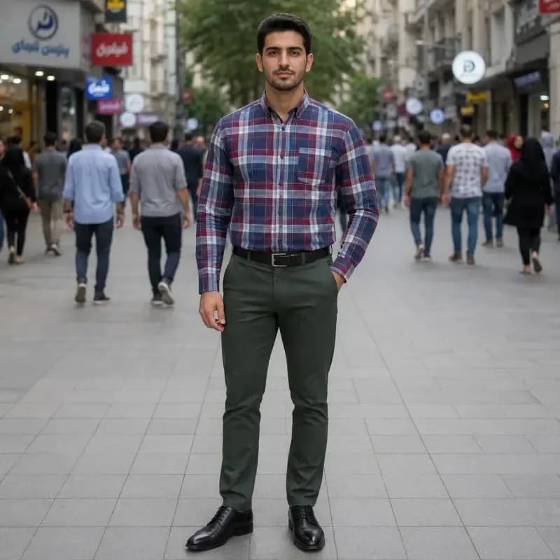 پیراهن آستین بلند مردانه نخی چهارخانه قواره آزاد جنس نخ پنبه — تصویر ۶