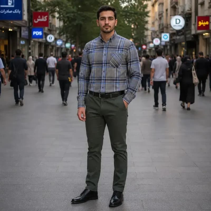پیراهن آستین بلند مردانه نخی چهارخانه قواره آزاد جنس نخ پنبه — تصویر ۷