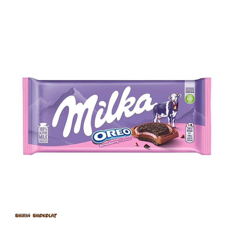 شکلات ساندویچی میلکا milka مدل بیسکوئیت اورئو طعم توت فرنگی