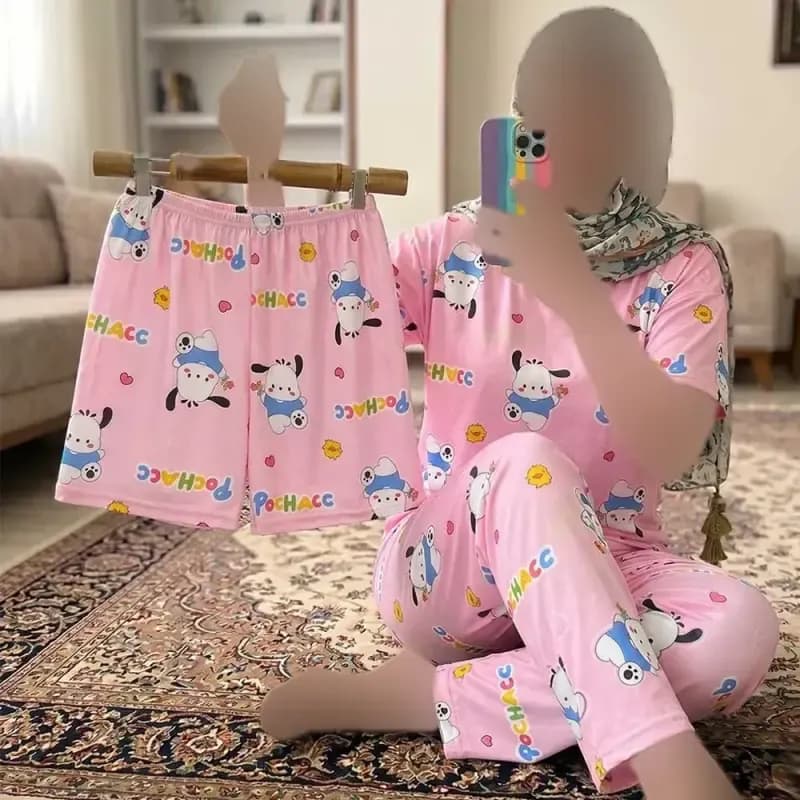ست سه تیکه زنانه تیشرت شلوار و شلوارک طرح سگ و جوجه جنس گیاهی اسپان فری سایز — تصویر ۸