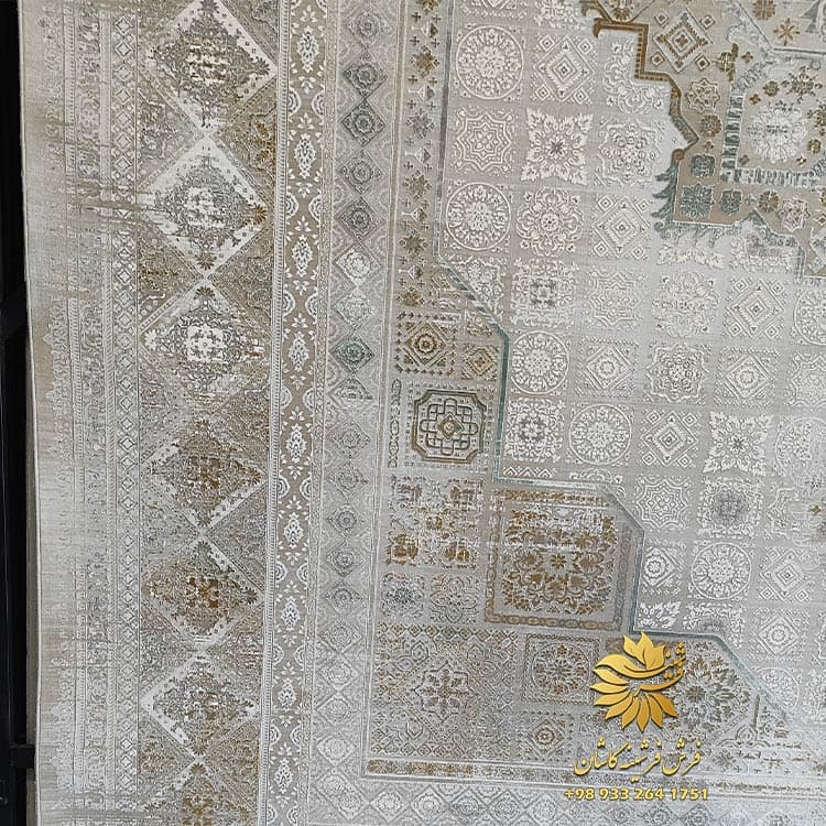 فرش وینتیج نقرهای طلایی 1200 شانه کتیبه گل ابریشم — تصویر ۳