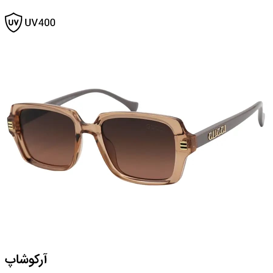 عینک آفتابی GUCCI با فریم مستطیلی، رنگ عسلی براق، دسته طوسی و لنز قهوهای هایلایت مدل 1136