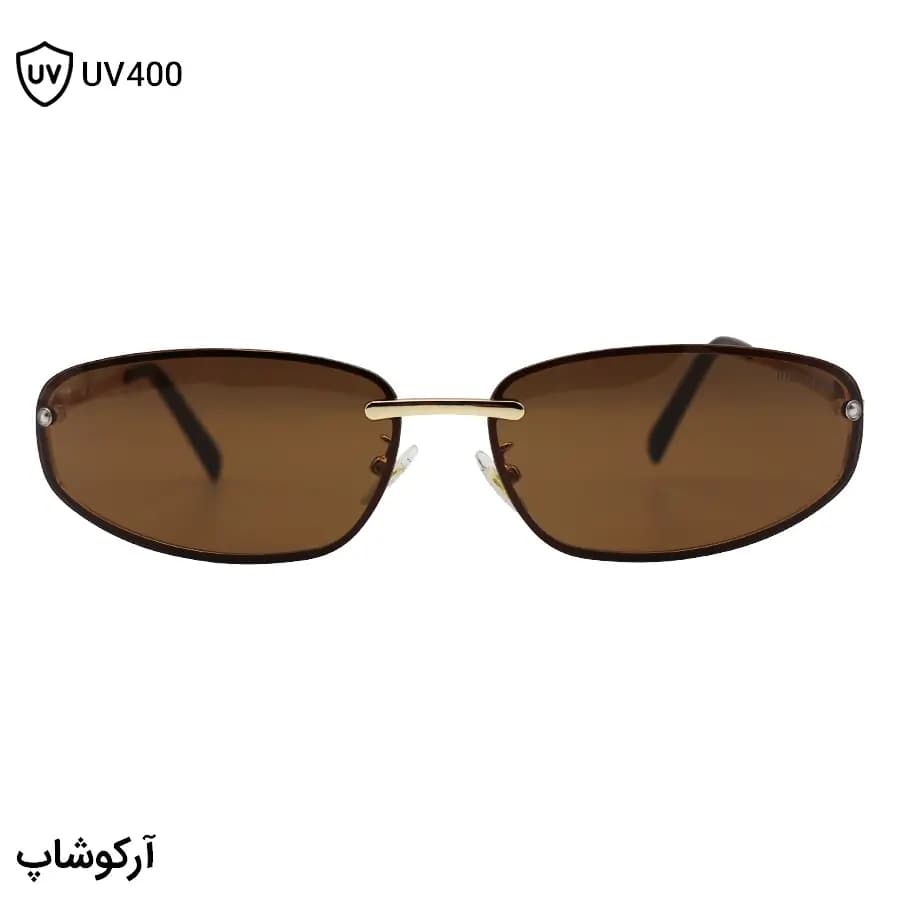 عینک آفتابی زنانه میو میو با فریم طلایی رنگ، شکل بیضی و لنز قهوهای تیره مدل 22701 — تصویر ۳