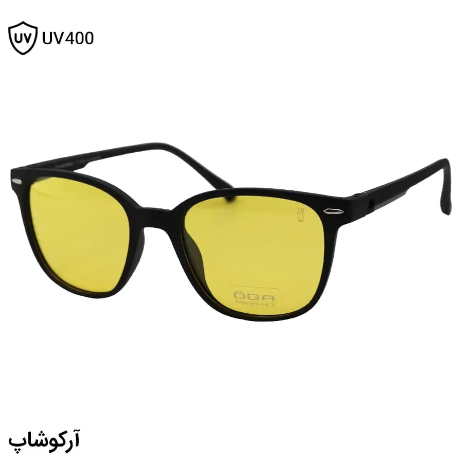 عینک دید در شب OGA MOREL با فریم مشکی مات، شکل مربعی، دسته فنردار و لنز زرد رنگ مدل P78057