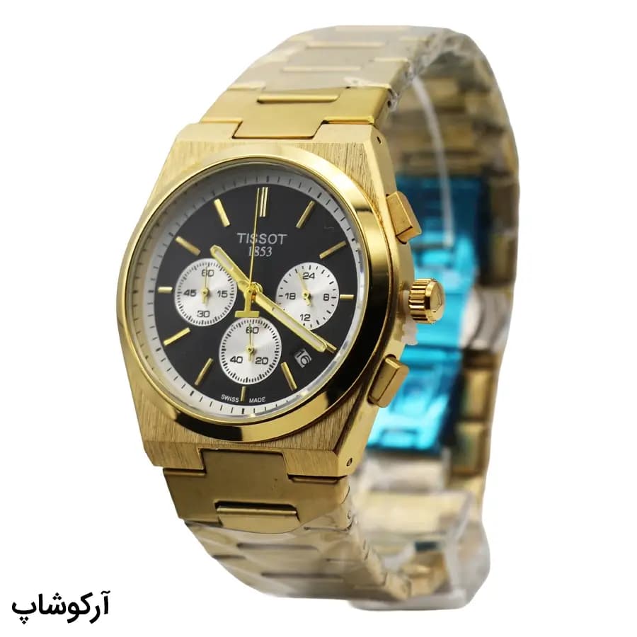 ساعت مردانه TISSOT طلایی، صفحه مشکی کرنوگراف، بند استیل طلایی، قاب چندضلعی، نمایش تاریخ، موتور کوارتز و قفل پروانهای مدل T137410A — تصویر ۳
