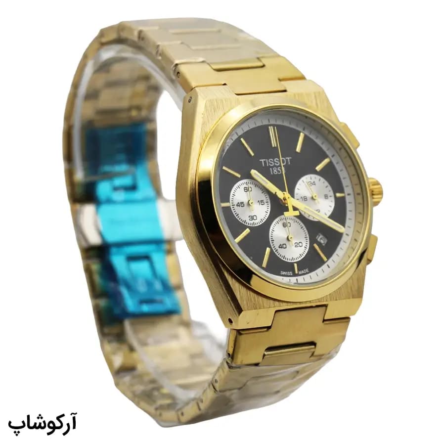 ساعت مردانه TISSOT طلایی، صفحه مشکی کرنوگراف، بند استیل طلایی، قاب چندضلعی، نمایش تاریخ، موتور کوارتز و قفل پروانهای مدل T137410A — تصویر ۴