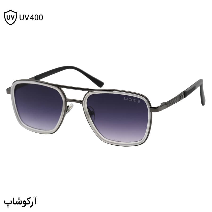 عینک آفتابی LACOSTE با فریم سفید یخی و نوک مدادی، شکل مربعی، دسته فنری و لنز دودی هایلایت مدل 8075