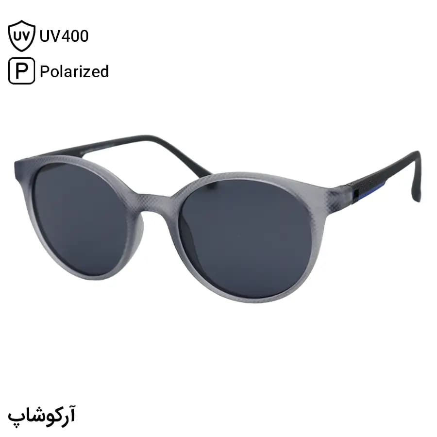 عینک آفتابی OGA MOREL با فریم طوسی مات، شکل گرد، دسته طوسی و آبی، لنز دودی تیره و پلاریزه مدل 78052
