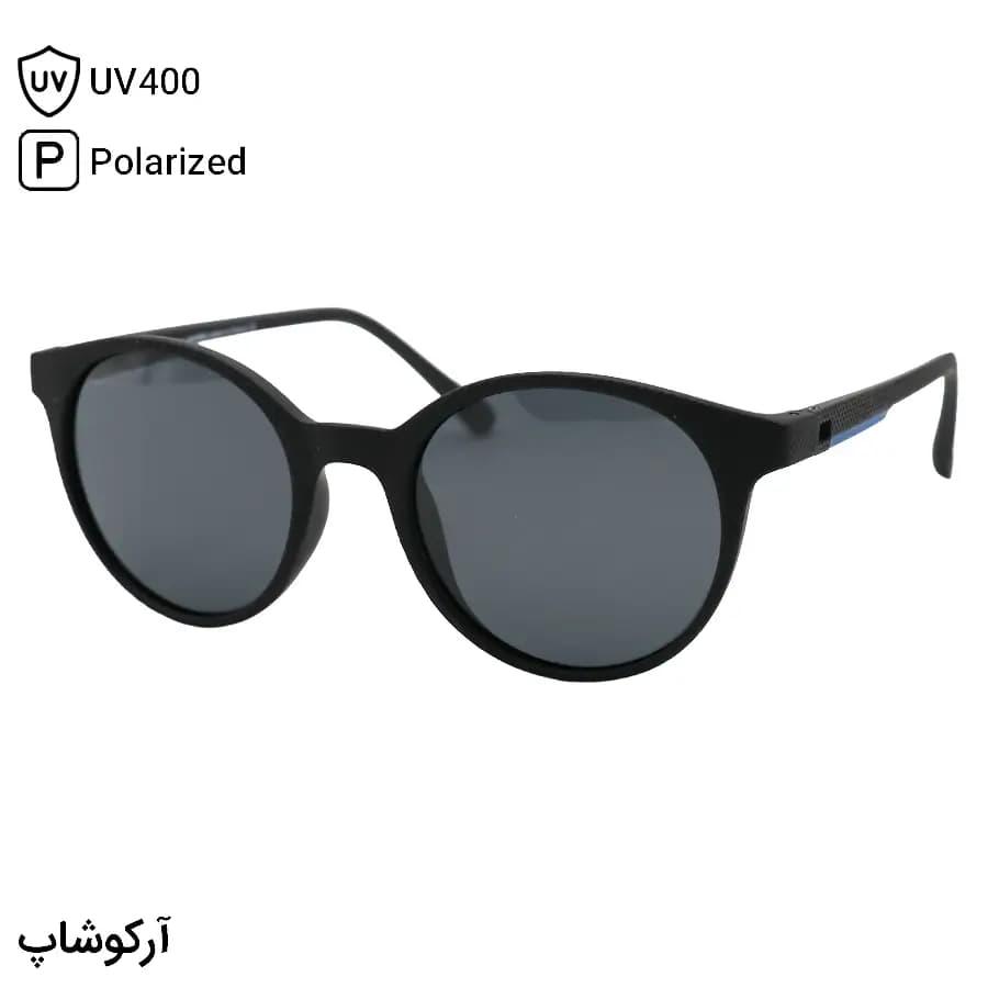 عینک آفتابی OGA MOREL با فریم مشکی مات، شکل گرد، دسته مشکی و آبی، لنز دودی تیره و پلاریزه مدل 78052