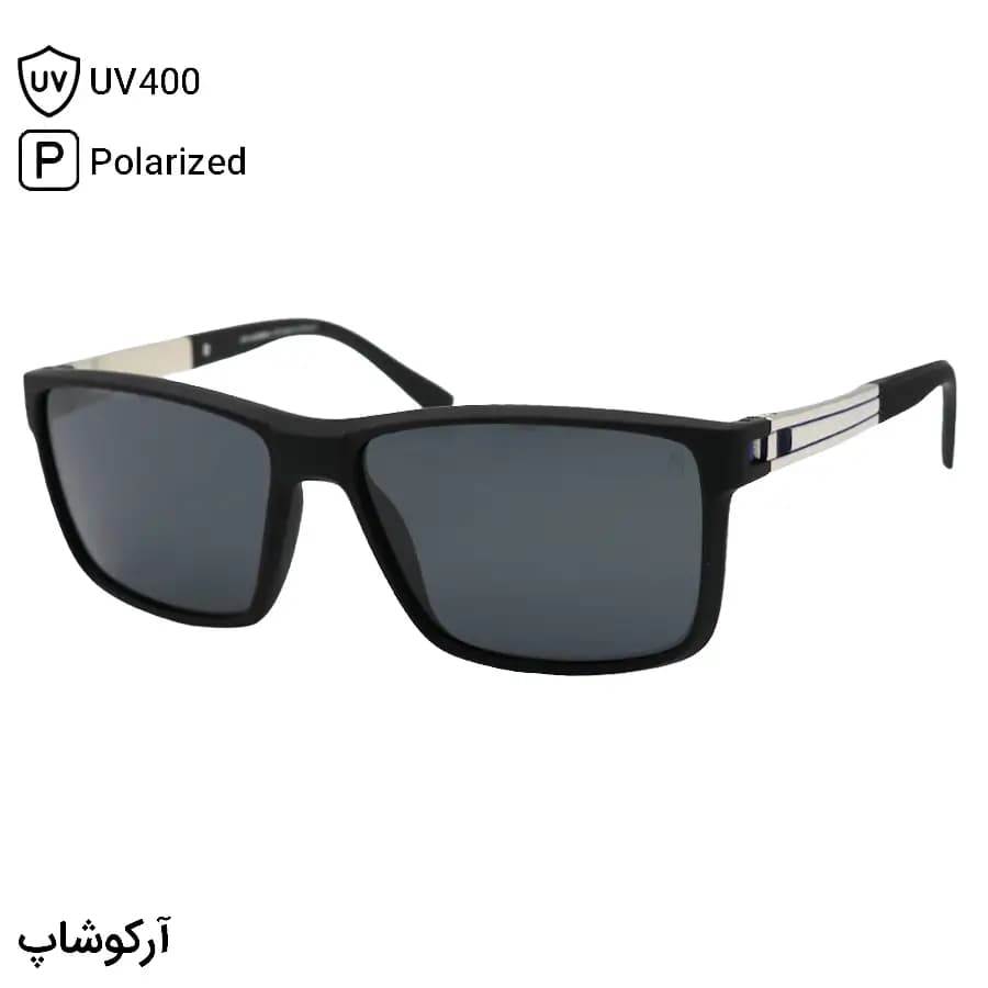 عینک آفتابی اوگا مورل با فریم رنگ مشکی مات، مستطیلی شکل، دسته نقرهای و لنز دودی تیره و پلایزه مدل P8221