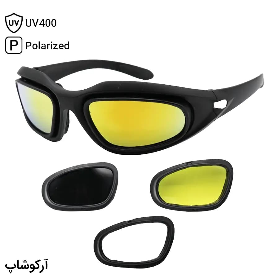 عینک ورزشی با فریم مشکی رنگ، از جنس کائوچو و 4 کاور لنز و تجهیزات کامل مدل 003560