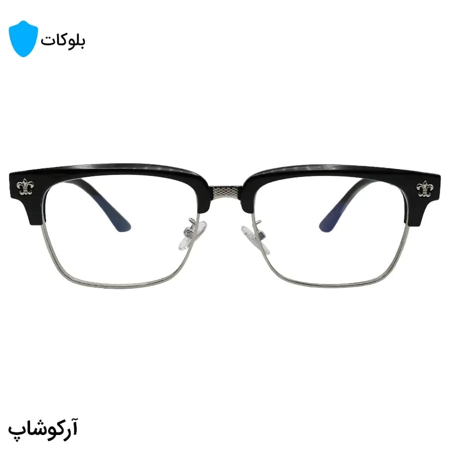 عینک برند Chrome Hearts با فریم کلاب مستر، رنگ مشکی و نقرهای، دسته سیمدار و لنز بلوکات مدل 8010 — تصویر ۳