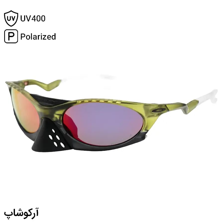 عینک ورزشی OAKLEY با فریم سبز و مشکی مات، شکل بیضی، لنز آینهای، رنگ قرمز و پلاریزه طرح پلانتاریس مدل OO9437