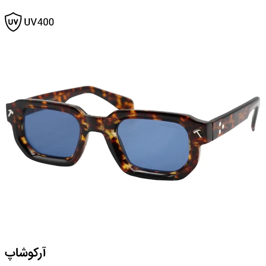 عینک آفتابی MOSCOT با فریم رنگ هاوانا براق، مستطیلی شکل، دسته سیمدار و لنز آبی تیره مدل CZ586