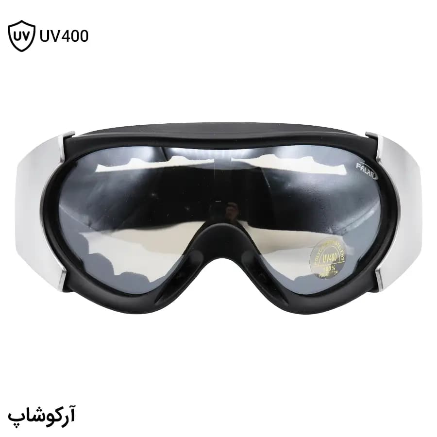 عینک موتورسواری با لنز دودی روشن، فریم رنگ مشکی و نقرهای و بند کشی مشکی رنگ مدل FL8021 — تصویر ۳