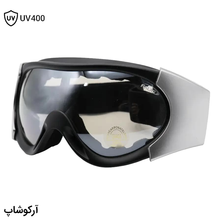 عینک موتورسواری با لنز دودی روشن، فریم رنگ مشکی و نقرهای و بند کشی مشکی رنگ مدل FL8021 — تصویر ۲