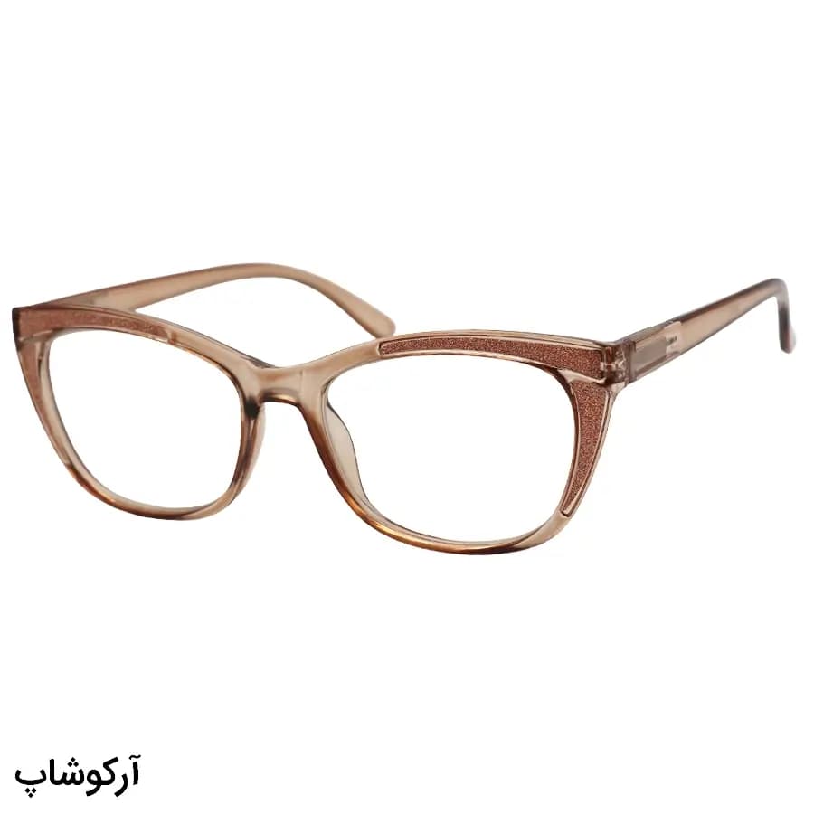 عینک مطالعه زنانه نزدیک بین نمره +2.00 با فریم عسلی براق، شکل گربهای، شاین دار و دسته فنری مدل 2312