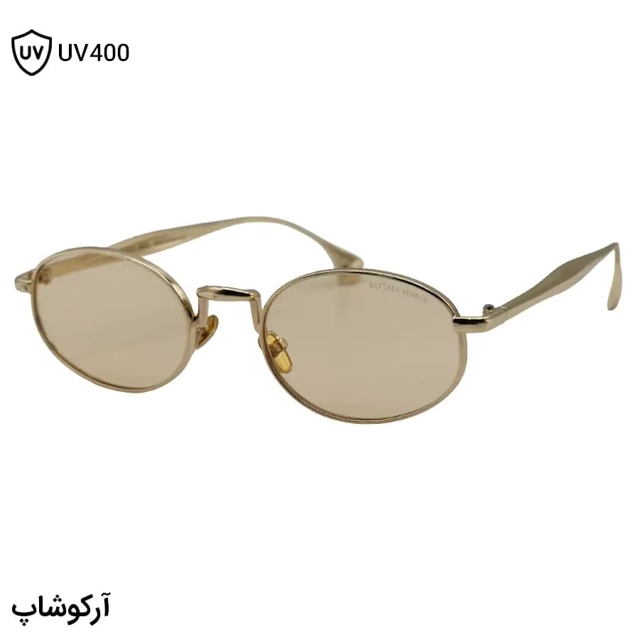 عینک Bottega Veneta با فریم بیضی شکل، رنگ طلایی براق و لنز قهوهای روشن مدل 98150