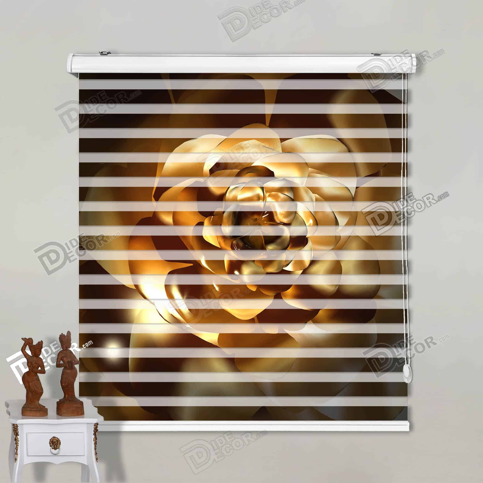 پرده زبرا تصویری گل رز فلزی طلایی کد 3df-130