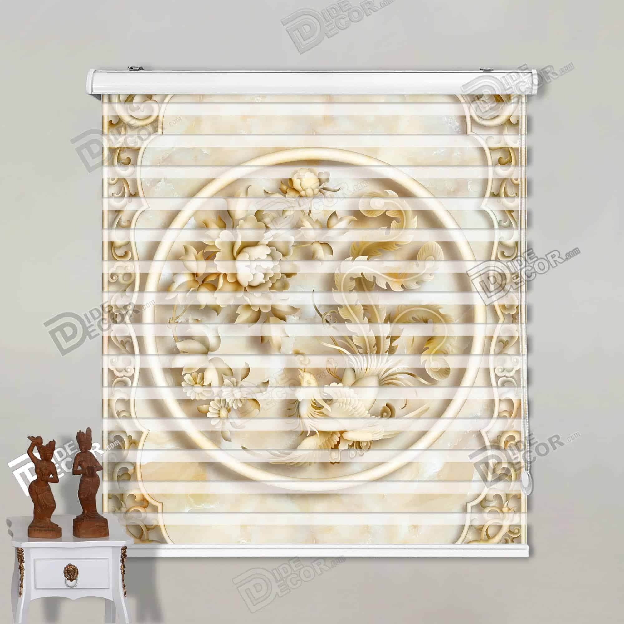 پرده زبرا تصویری سیمرغ و گل تیونی کرم طلایی کد 3df-023