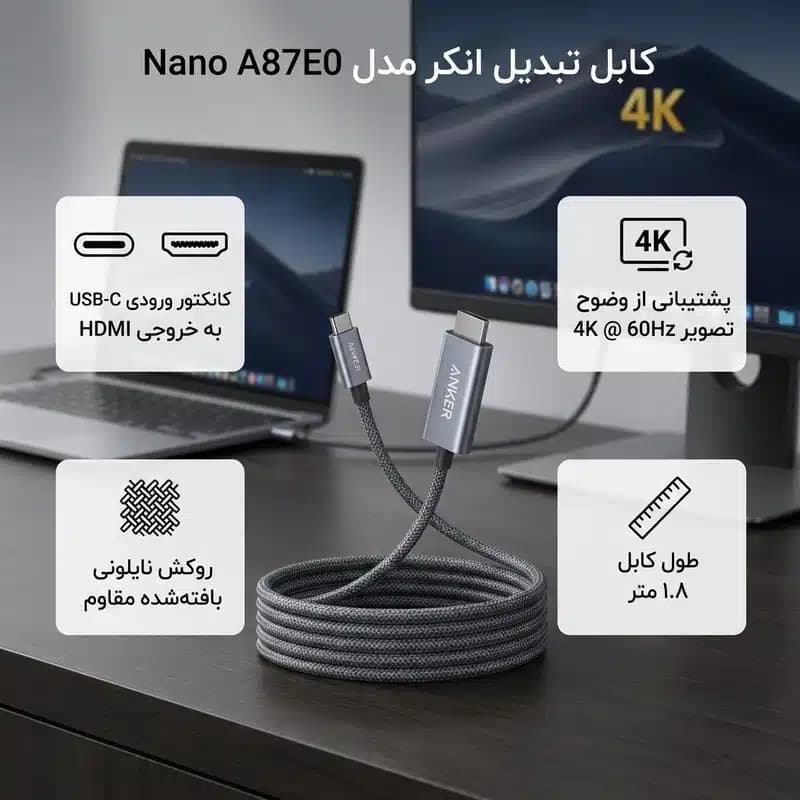 کابل تبدیل USB-C به HDMI انکر A87E0، طول 1.8 متر — تصویر ۲