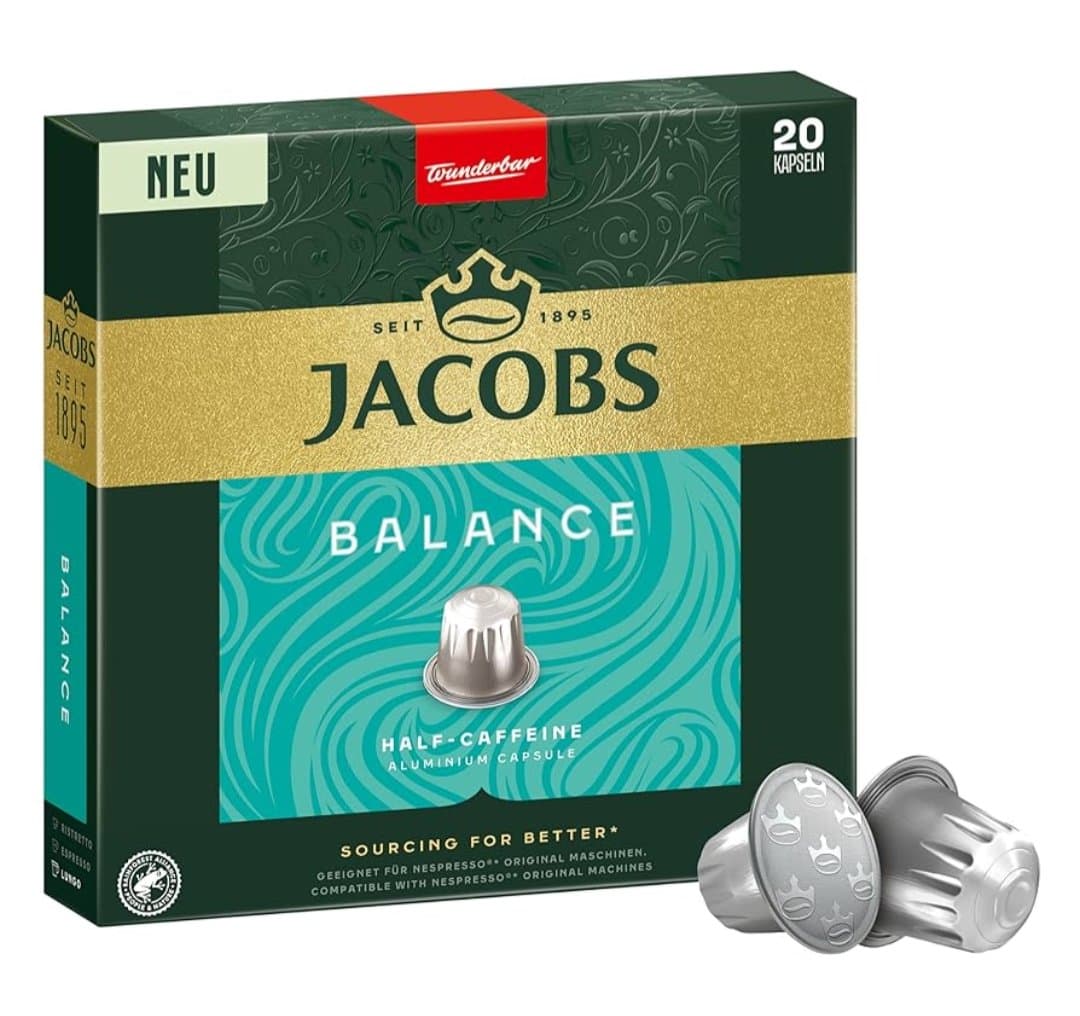 کپسول قهوه نسپرسو جاکوبز بالانس نیمهکافئین آلومینیومی ۲۰ عددیJacobs Balance Half-Caffeine Aluminium Coffee Capsules – 20 pcs