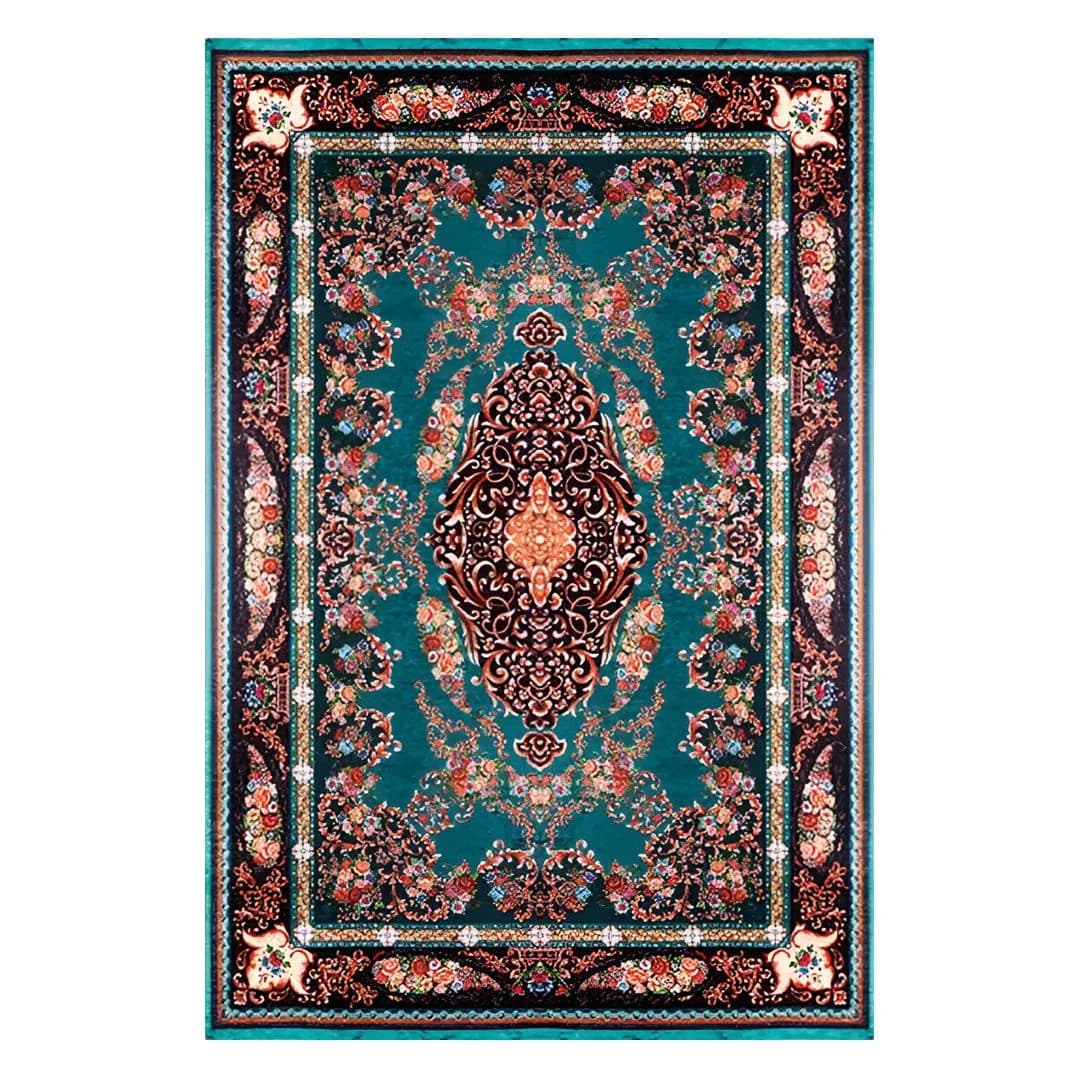 فرشینه مخمل ترک طرح لچک ترنج فیروزه ای پرکار کد O112