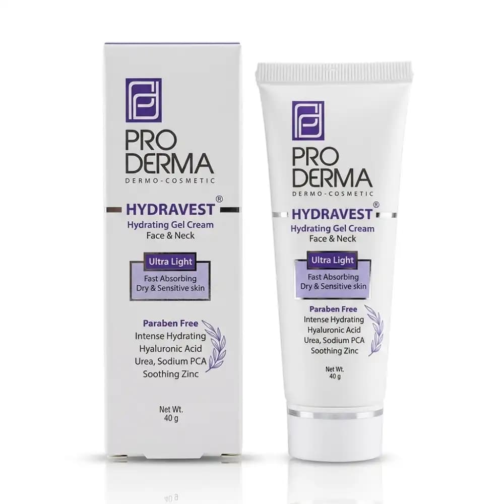 کرم ژل آبرسان صورت و گردن پرودرما (ProDerma) مدل هیدراوست Hydravest فوق سبک، مخصوص پوست خشک و حساس وزن 40 گرم