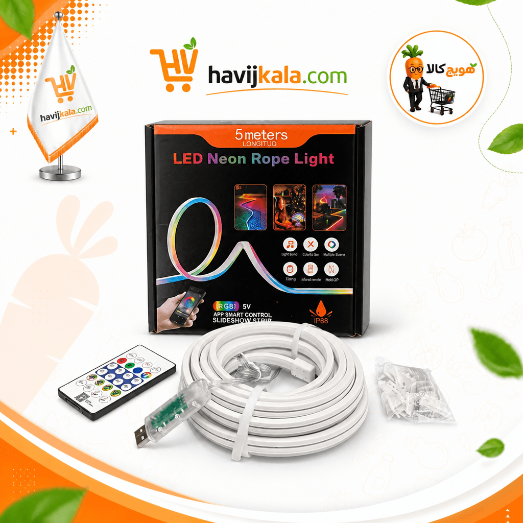 ریسه نئون فلکسی RGB هوشمند ۵ متری | کنترل با اپلیکیشن، ریموت، موزیکال و ضد آب IP68