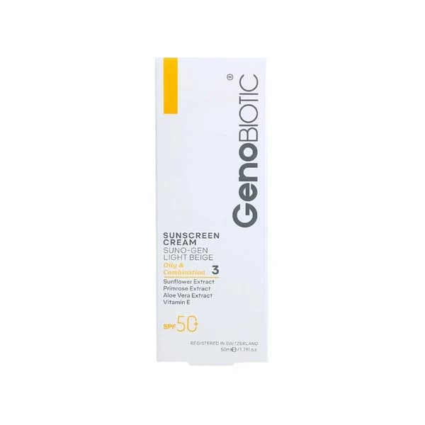 کرم ضدآفتاب بژ روشن SPF50 مناسب پوست چرب و مختلط ژنوبایوتیک 50 میلیلیتر GenoBiotic