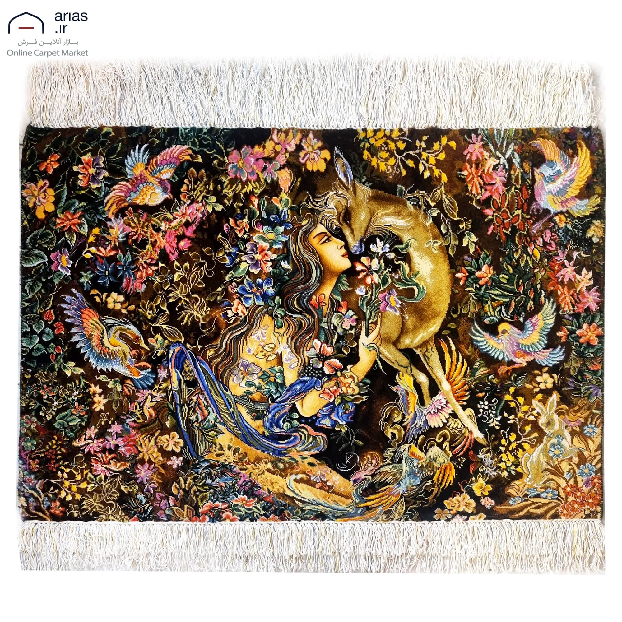 تابلو فرش دستباف افقی چله ابریشم مینیاتور طرح در تمنای محبت بافت تبریز کد T02274 — تصویر ۳