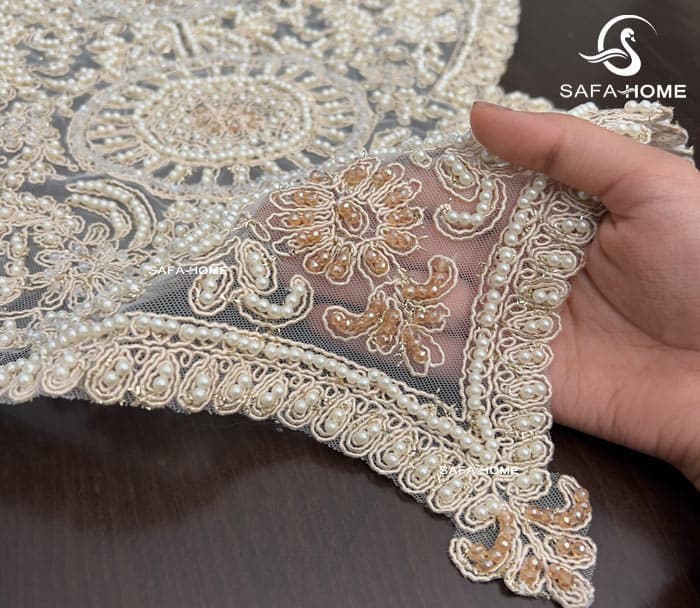 رومیزی جدید مخمل کریستال طرح شکوفه 5 تکه کرمتیره — تصویر ۶