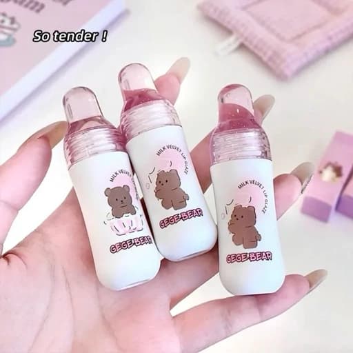 رژ لب مایع مات مخملی خمیری سبک نچرال شیشه شیر پستونکی خرس تدی کیوت فانتزی پینترستی گوگولی طرح بستنی مناسب کادو هدیه — تصویر ۵