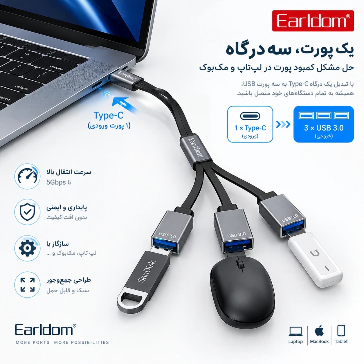 هاب ۳ پورت Type-C ارلدام (Earldom) مدل HUB17C | با سرعت بالا — تصویر ۶
