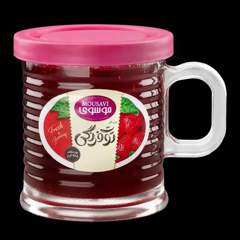 مربای توت فرنگی (طرح لیوان دسته دار) 245 گرمی موسوی در بسته بندی 12 عددی — تصویر ۲