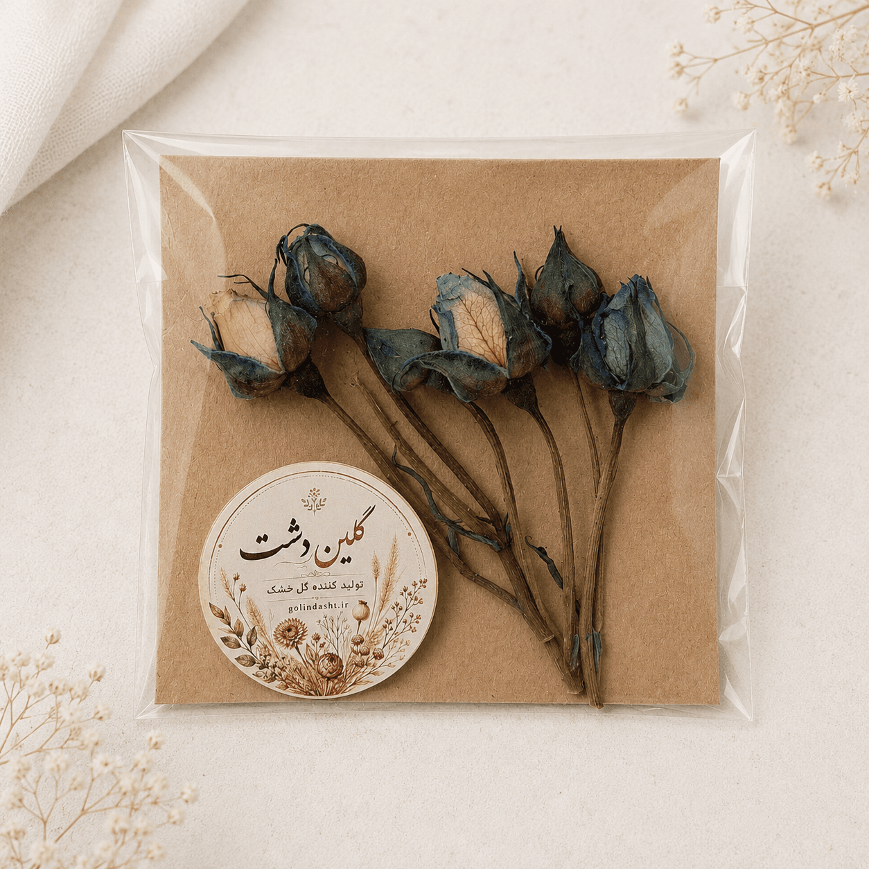 غنچه رز مینیاتوری خشک طبیعی سبزآبی آنتیک با رگههای گلبهی و لیمویی – (۳ شاخه پر غنچه)