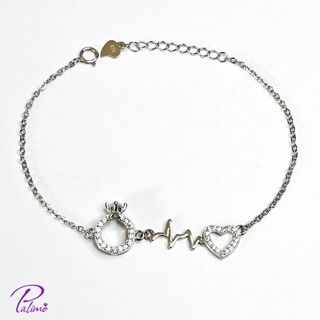 دستبند نقره حلقه و قلب کد B2113 با روکش طلای سفید