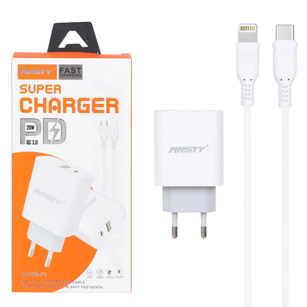 شارژر همراه با کابل شارژ تایپ سی به لایتنینگ ANSTY مدل Q-008-PI (گارانتی 6 ماهه ) — تصویر ۲