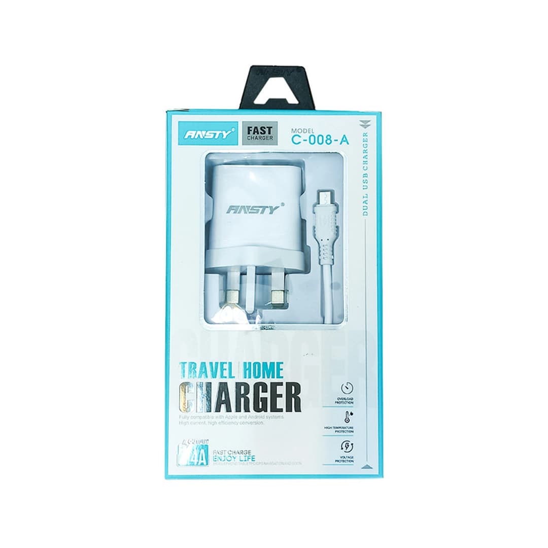 شارژر همراه با کابل شارژ میکرو برند ANSTY مدل C-008-A (گارانتی 6 ماهه )