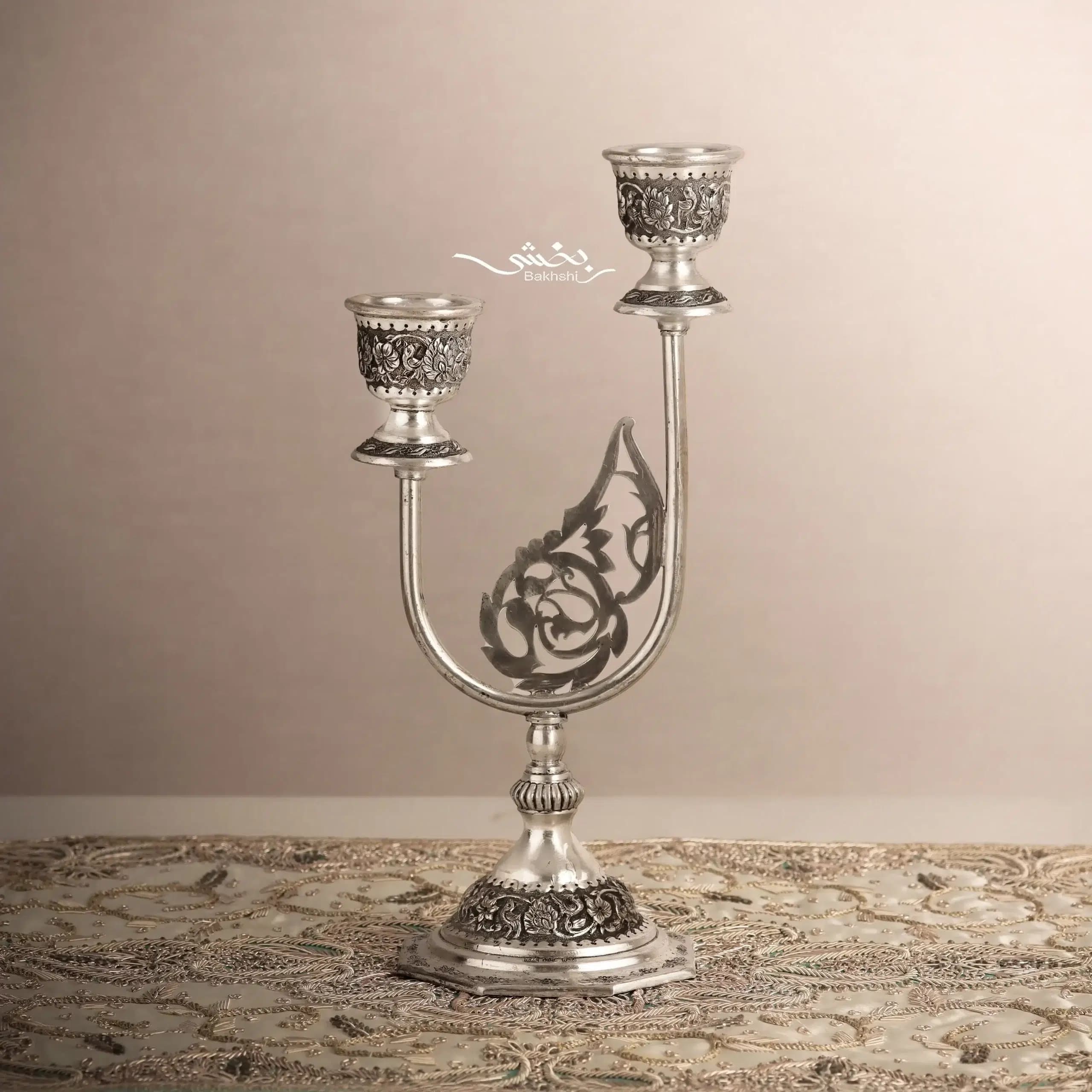 شمعدان دو شاخه نقره گل و مرغ برجسته درجه یک