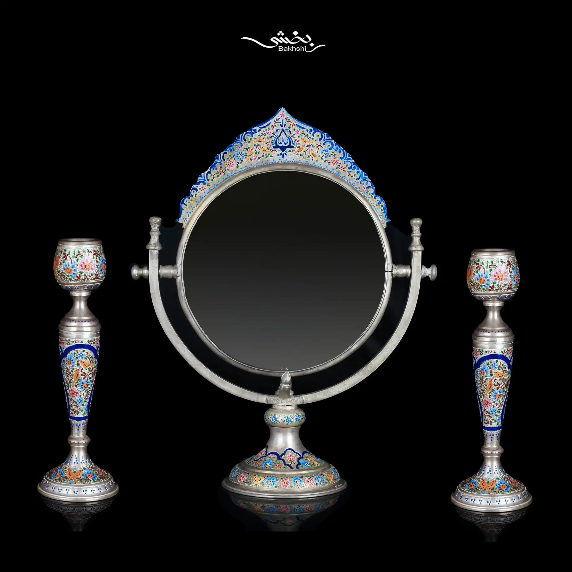 ست آینه گهواره ای و شمعدان نقره میناکاری — تصویر ۶