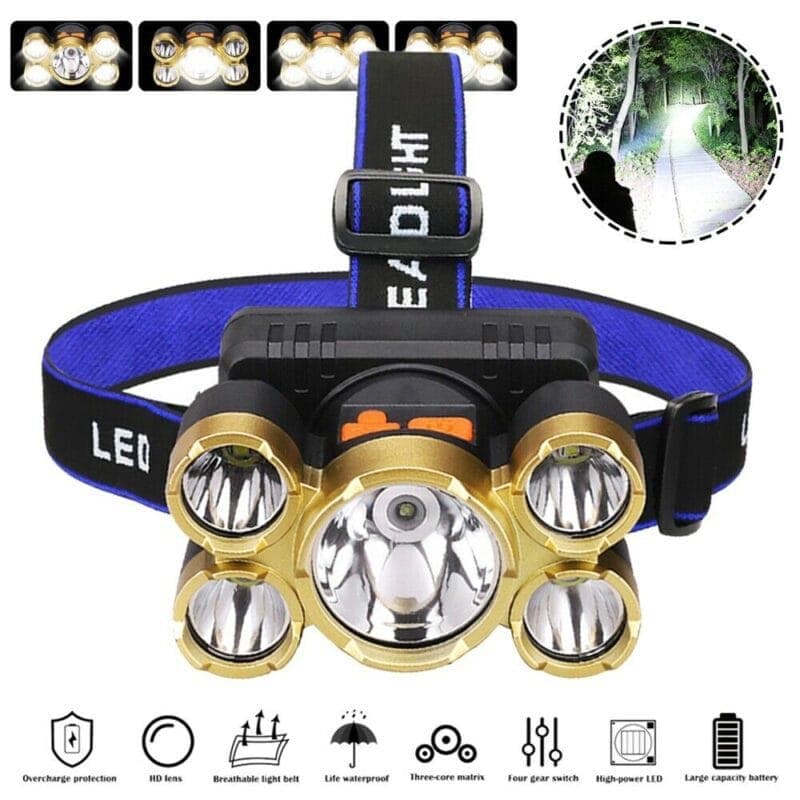 چراغ قوه پیشانی هدلایت شارژی High Power Headlamp پنج لامپ — تصویر ۲