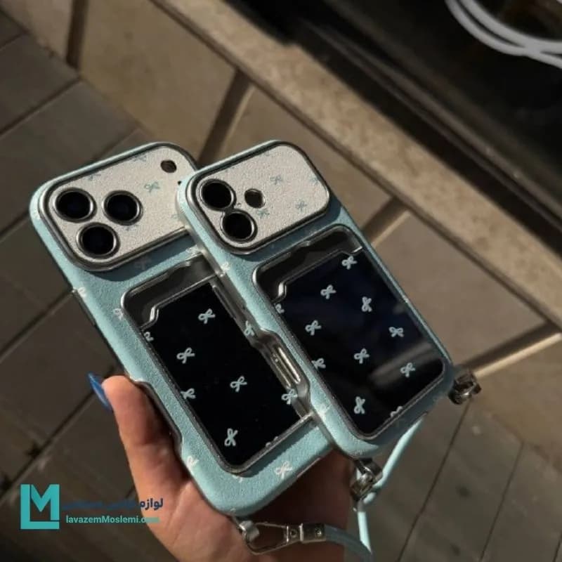 قاب گوشی فانتزی پاپيونی آيينه ای آبي بهمراه آويز کد C3696 | لوازم جانبی مسلمی — تصویر ۳