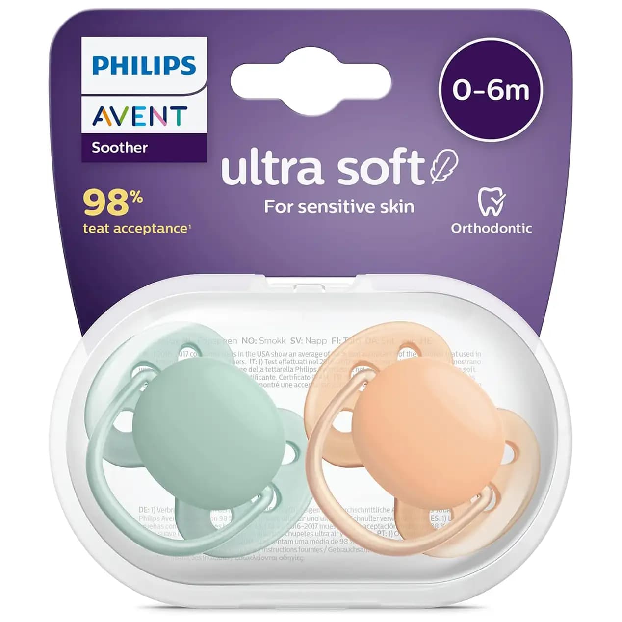 پستانک ۲ عددی ۰ تا ۶ ماه فیلیپس اونت Philips Avent سبز و نارنجی ساده — تصویر ۳