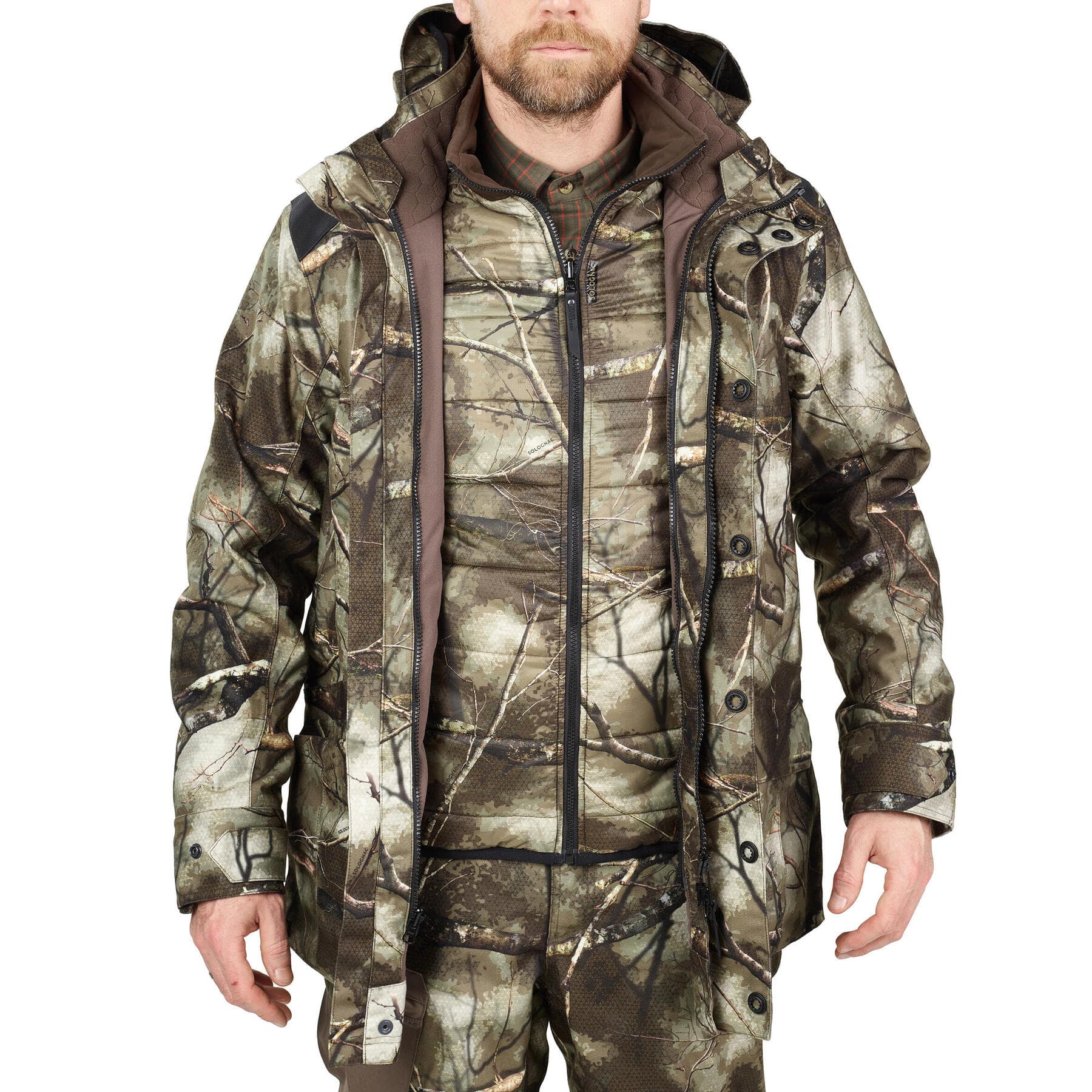 کاپشن شکار سولوگناک طرح استتار – با ژاکت (پیش خرید) Solognac Warm Waterproof 500 3-in-1 Treemetic Hunting Jacket – 100