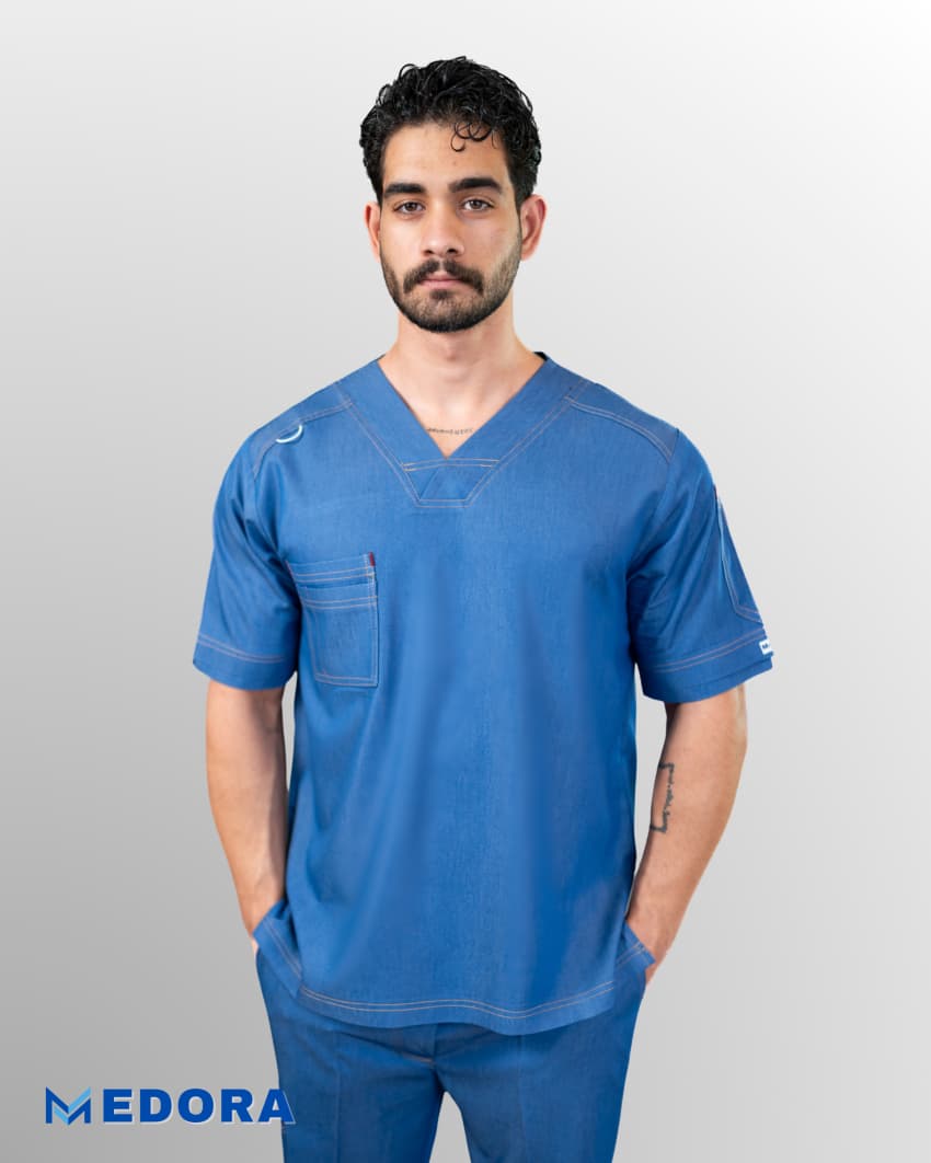اسکراب شلوار پزشکی مدل FLEX+ طرح جین رنگ آبی پارچه تمام نخ