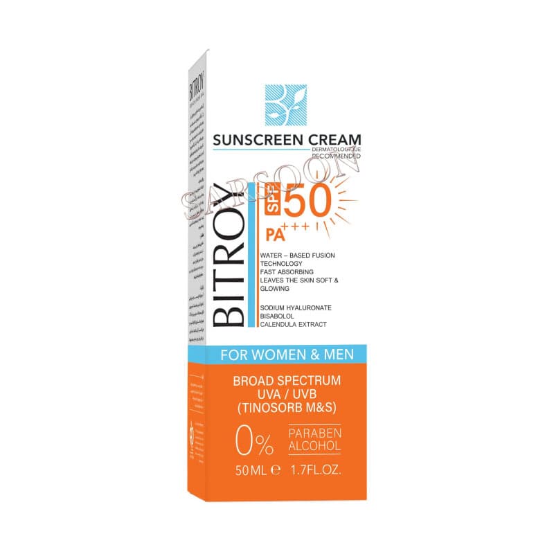 کرم ضد آفتاب بدون رنگ بیتروی SPF 50 مدل فیوژن واتر پوست نرمال و خشک حجم 50 میلیلیتر BITROY sunscreen cream for dry and normal skin SPF50