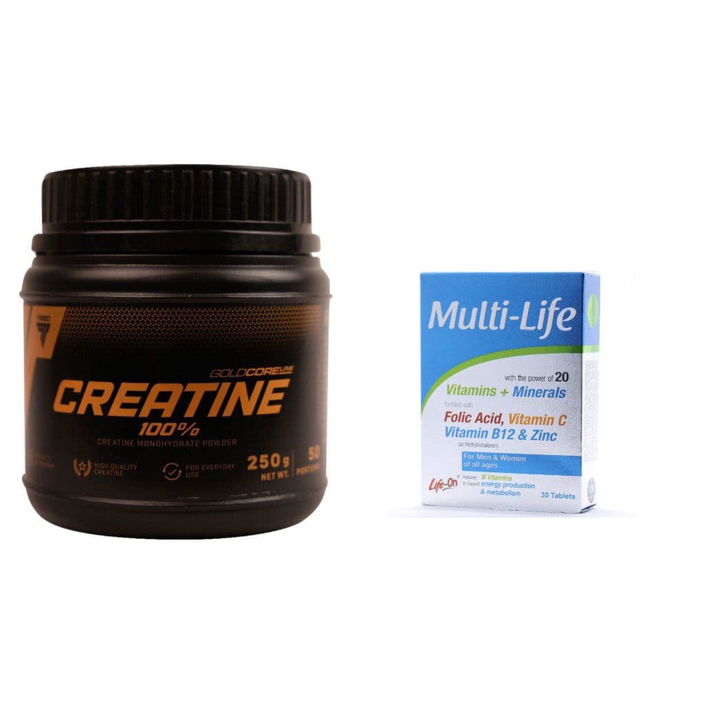 پودر کراتین 100 درصد گلد کر لاین ترک نوتریشن 250 گرم (Trec Nutrition) + قرص مولتی لایف لایف آن 30 عددی — تصویر ۲