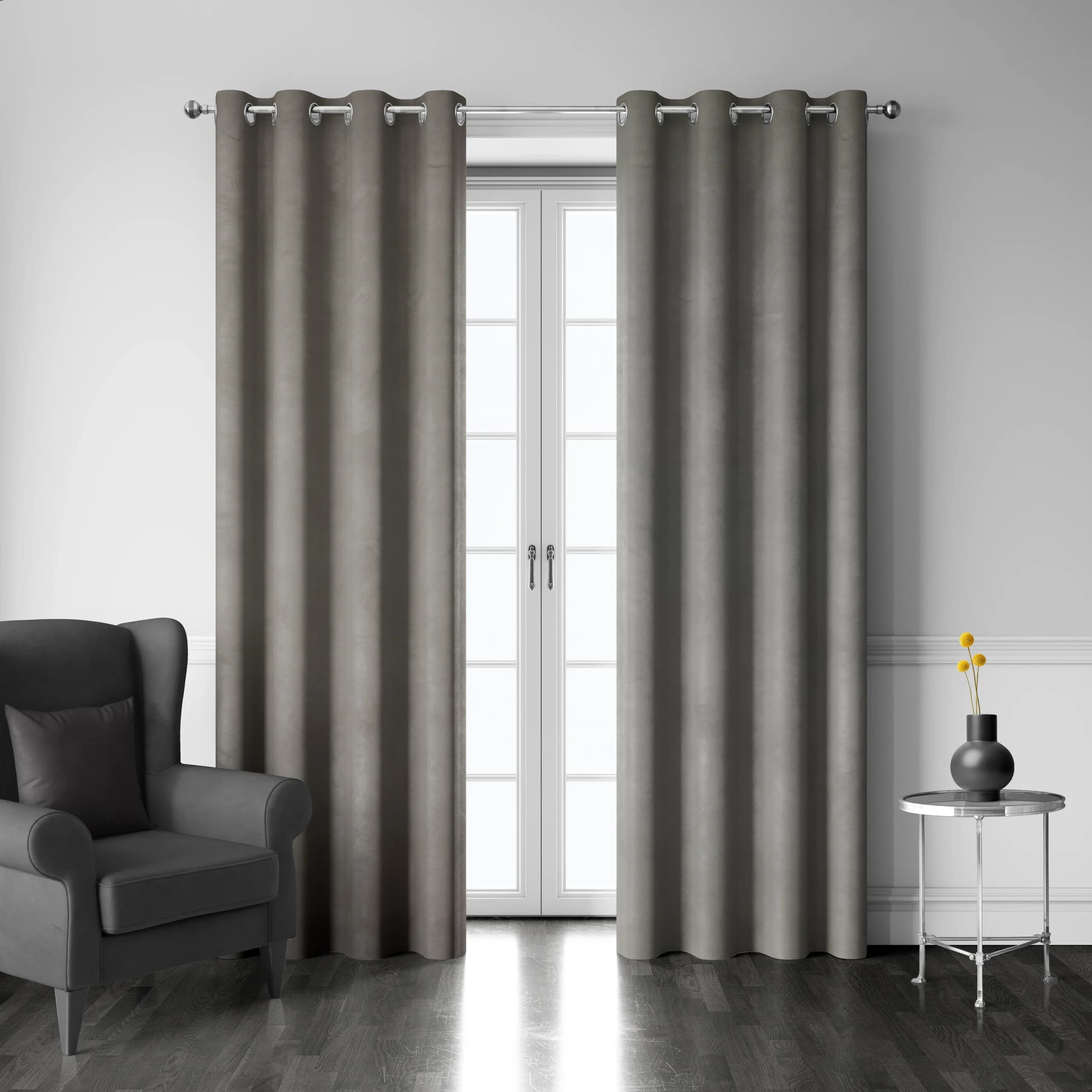 پرده پانچ مخمل خاکستری مناسب سالن پذیرایی ساده و مینیمال