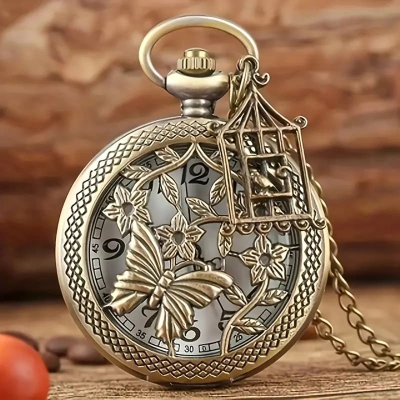 ساعت جیبی کوارتز وینتیج با گردنبند پروانه توخالی و طرحدار — تصویر ۲